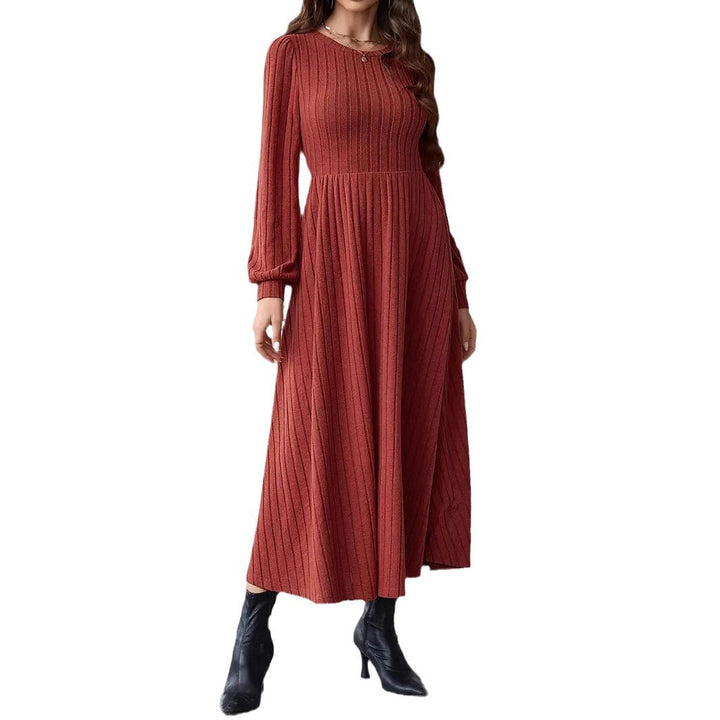 Damen Geripptes Midikleid mit taillierter Schnittführung und langen Ballonärmeln Drune