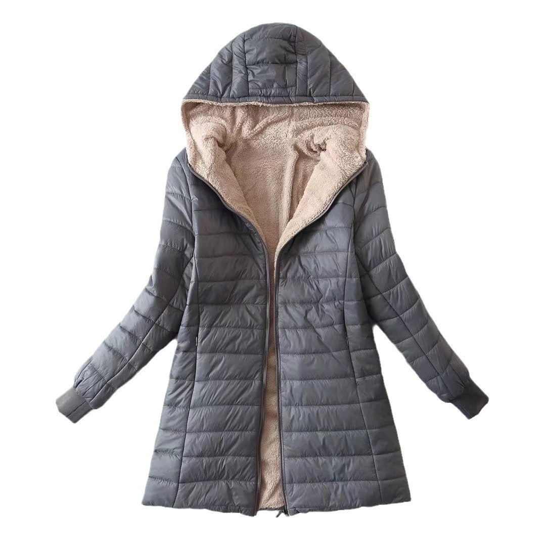 Damen nan ultraleichter gesteppter Parka mit Teddyfutter, Kapuze und taillierter A-Linien-Silhouette Drune