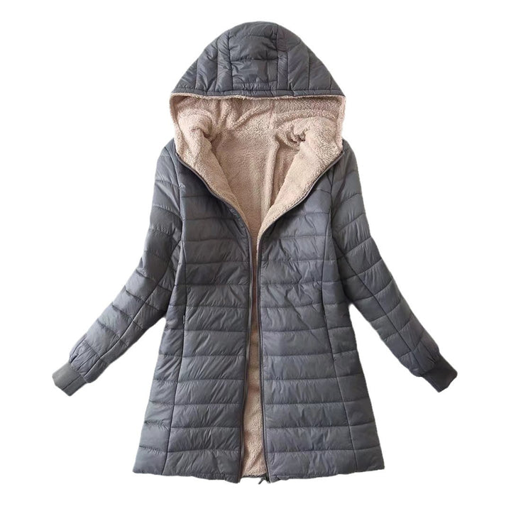 Damen nan ultraleichter gesteppter Parka mit Teddyfutter, Kapuze und taillierter A-Linien-Silhouette Drune