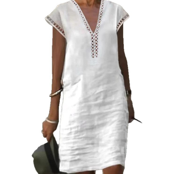 Damen nan leichtes Leinen-Kaftankleid mit V-Ausschnitt und Ajourbesatz Drune