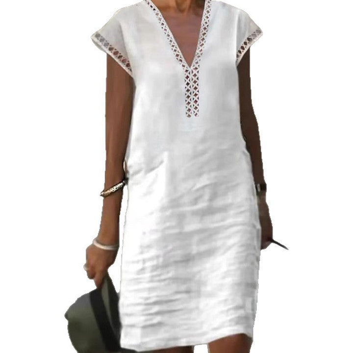 Damen nan leichtes Leinen-Kaftankleid mit V-Ausschnitt und Ajourbesatz Drune