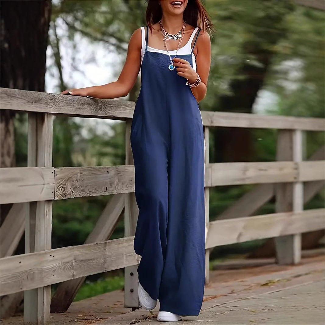 Damen luftiger Jumpsuit mit praktischen Taschen und verstellbaren Trägern Drune