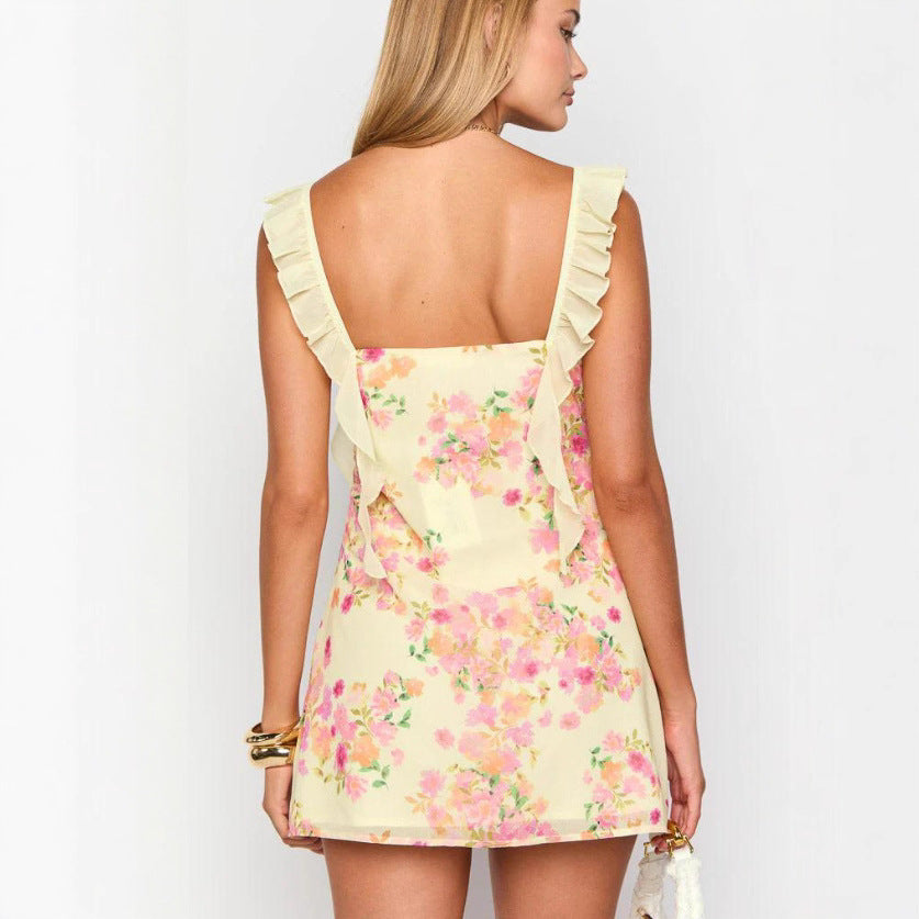 Damen nan tailliertes Minikleid mit Rüschen-Trägern, Schleifen-Detail am Dekolleté und Blumenmuster Drune