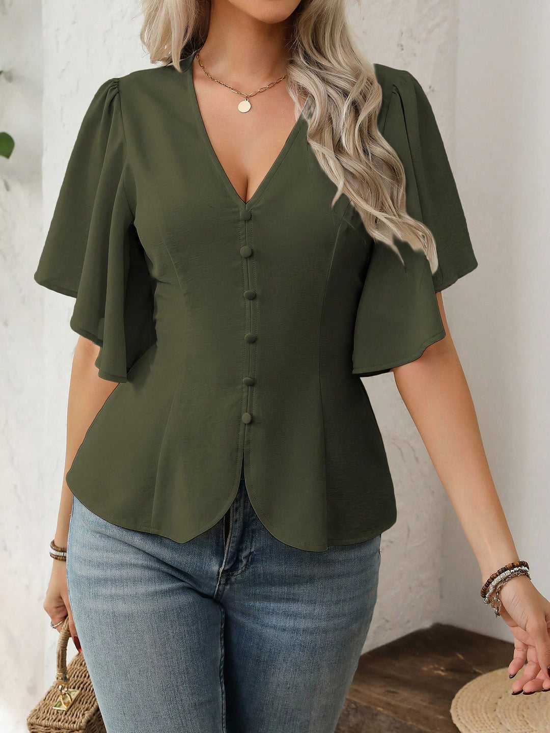 Damen V-Ausschnitt taillierte Bluse mit Schößchen und Volantärmeln Drune