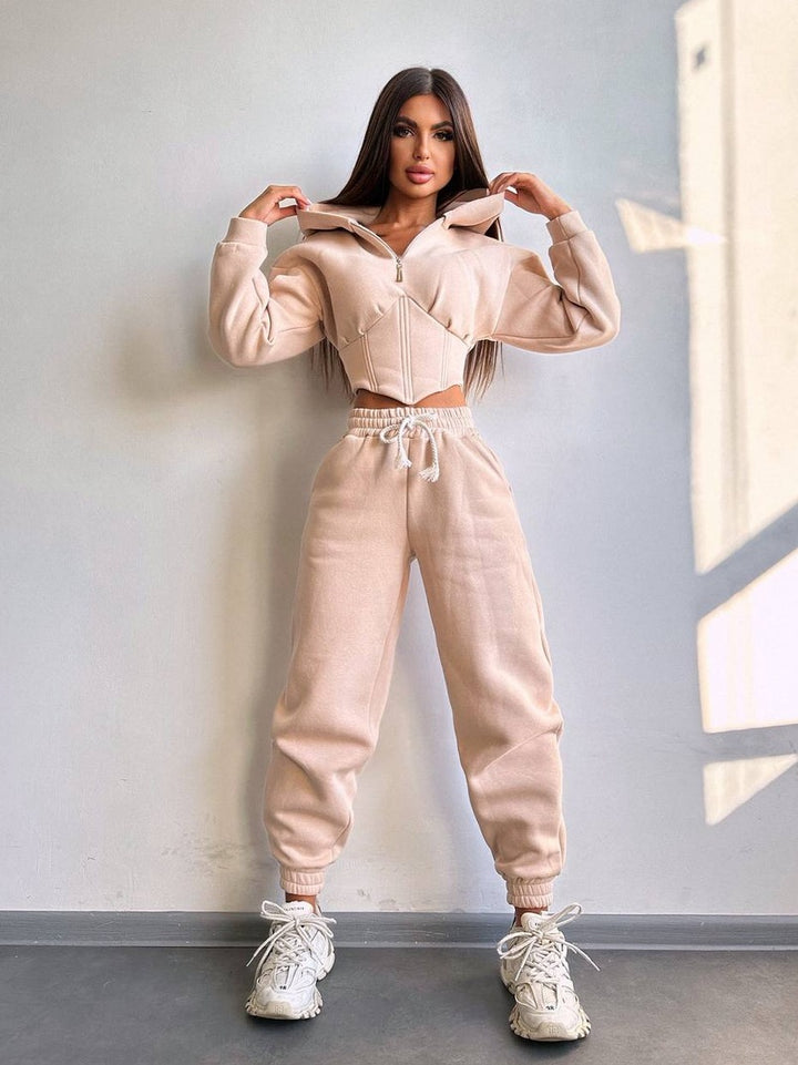 Damen Crop-Kapuzenjacke mit Korsagennaht und High-Waist Jogginghose Drune