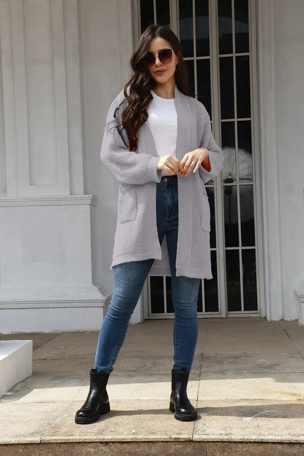 Damen lässiger Strickmantel mit offenen Vorderteilen und tiefen Taschen Drune