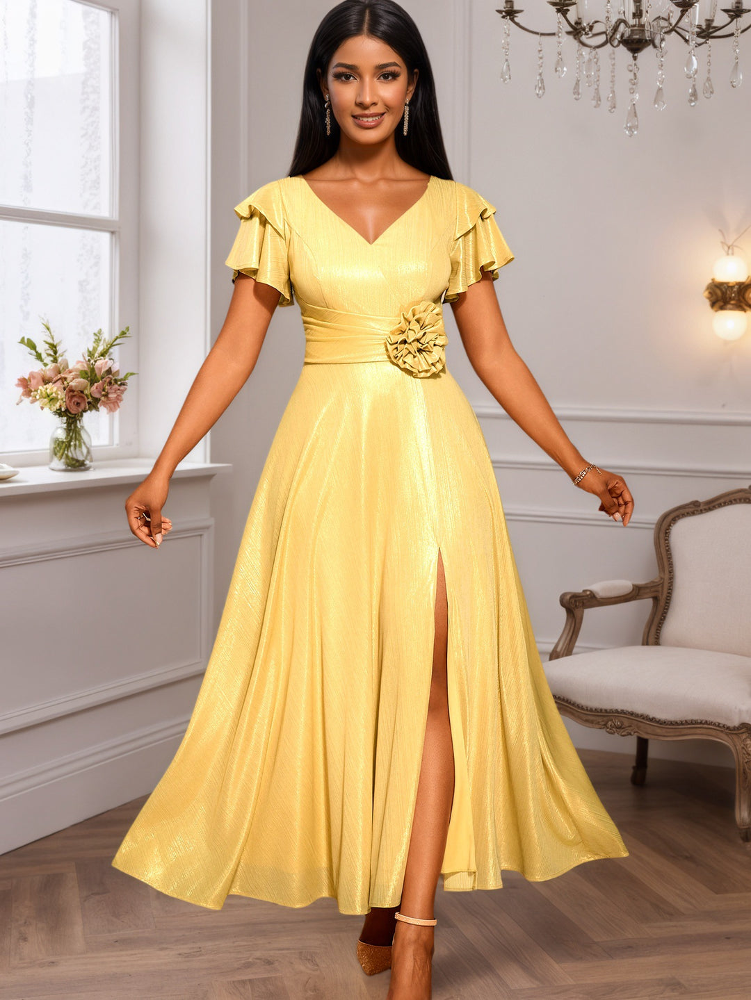 Damen glamouröses Abendkleid mit elegantem V-Ausschnitt und voluminösen Rüschensäumen Drune