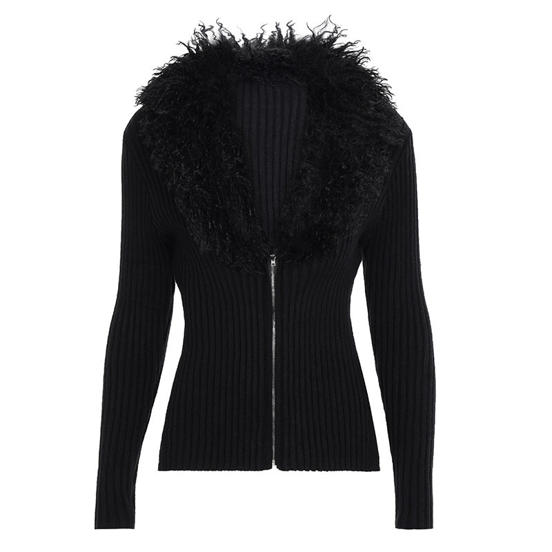 Damen Taillierter Rippstrick-Cardigan mit Reißverschluss und voluminösem Kunstfellkragen Drune