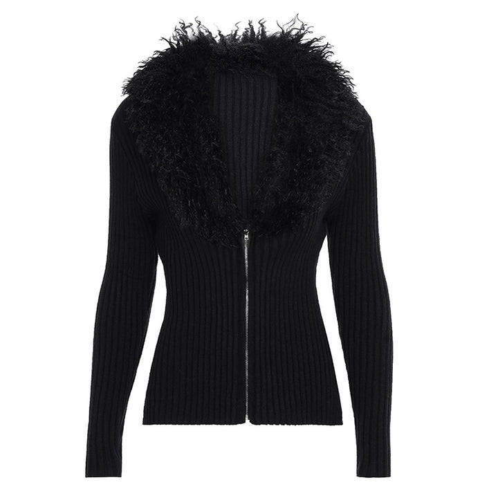 Damen Taillierter Rippstrick-Cardigan mit Reißverschluss und voluminösem Kunstfellkragen Drune