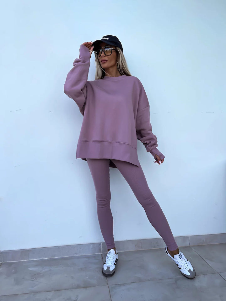 Damen komfortables Oversize-Lounge-Set mit langem Sweatshirt, gerippten High-Waist-Leggings und verlängerten Bündchen Drune
