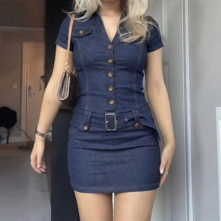 Damen Jeanshemdkleid mit Gürtel und knöpfbarem Ausschnitt Drune
