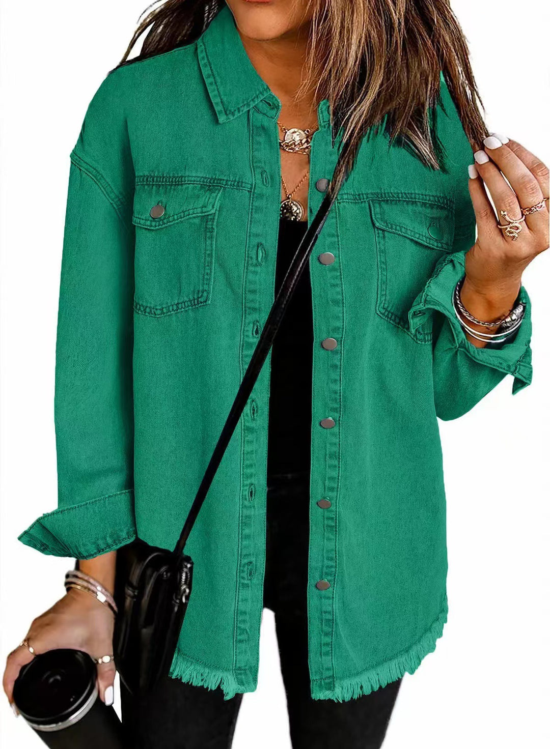 Damen Oversized Jeanshemd mit Fransen Drune