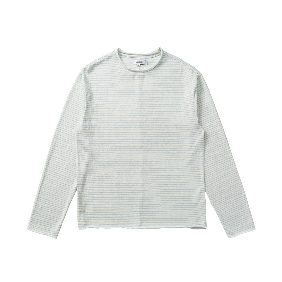Unisex Fein gestreiftes Langarmshirt aus Baumwollmischung mit Rundhalsausschnitt Drune