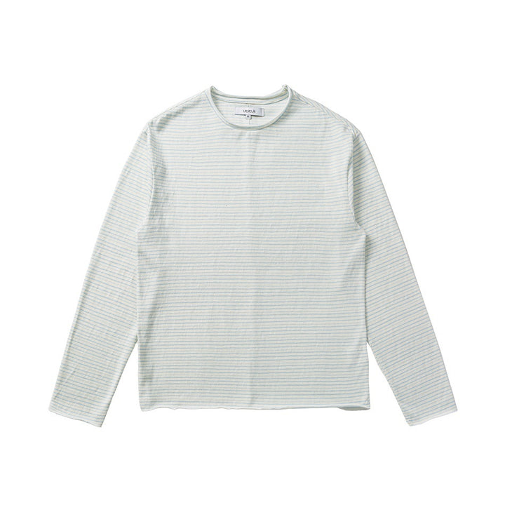 Unisex Fein gestreiftes Langarmshirt aus Baumwollmischung mit Rundhalsausschnitt Drune