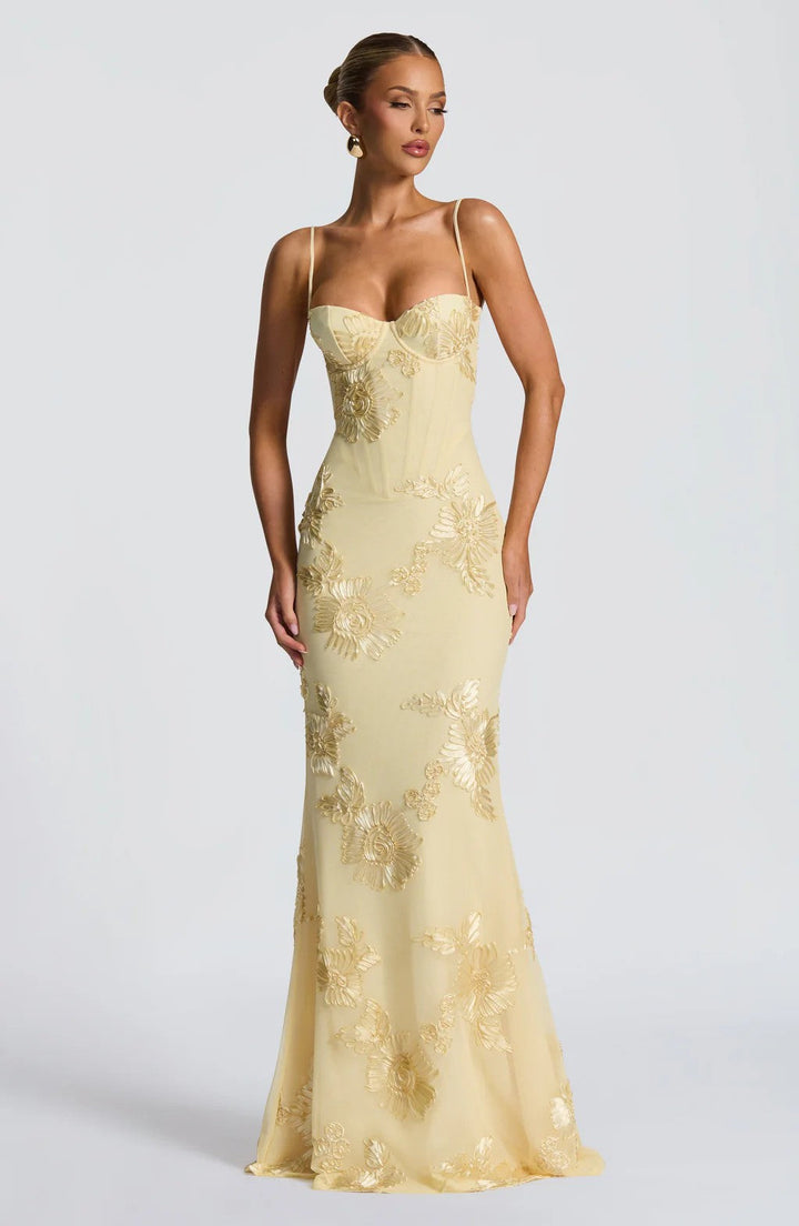 Damen figurbetontes Abendkleid mit floralem Stickdesign und hochwertigem Stoff Drune