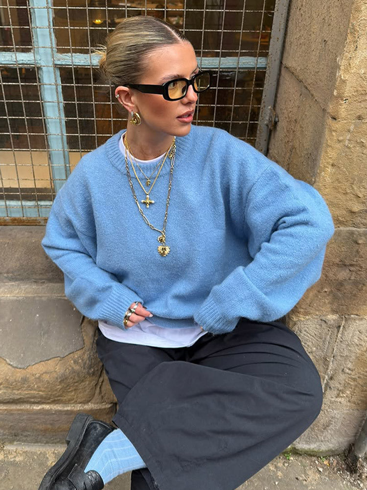 Damen Flauschiger Boxy Strickpullover aus Alpaka-Mix mit weitem Rundhalsausschnitt Drune