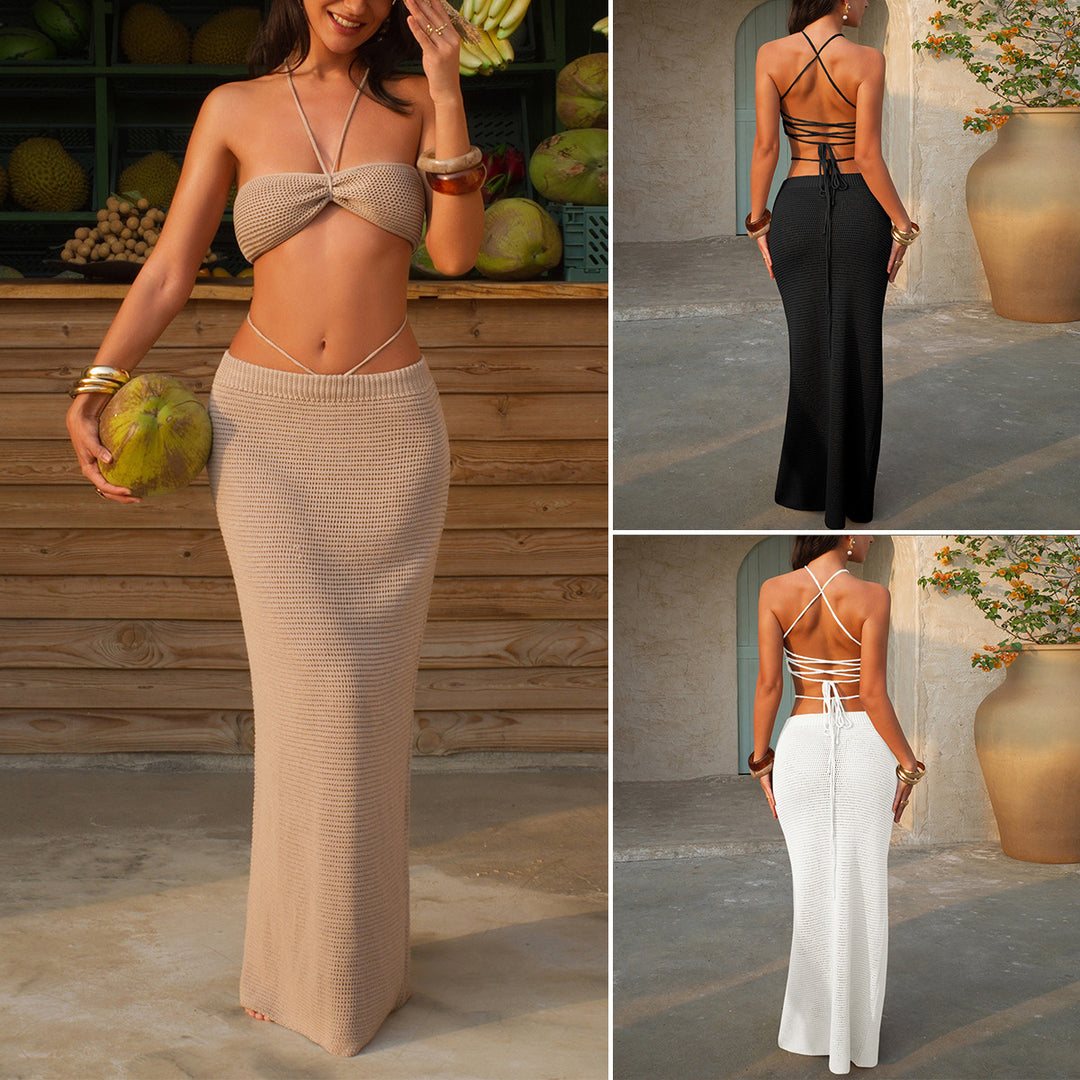 Damen Strickkleid mit Crop-Top und hohem Taillenbund Drune