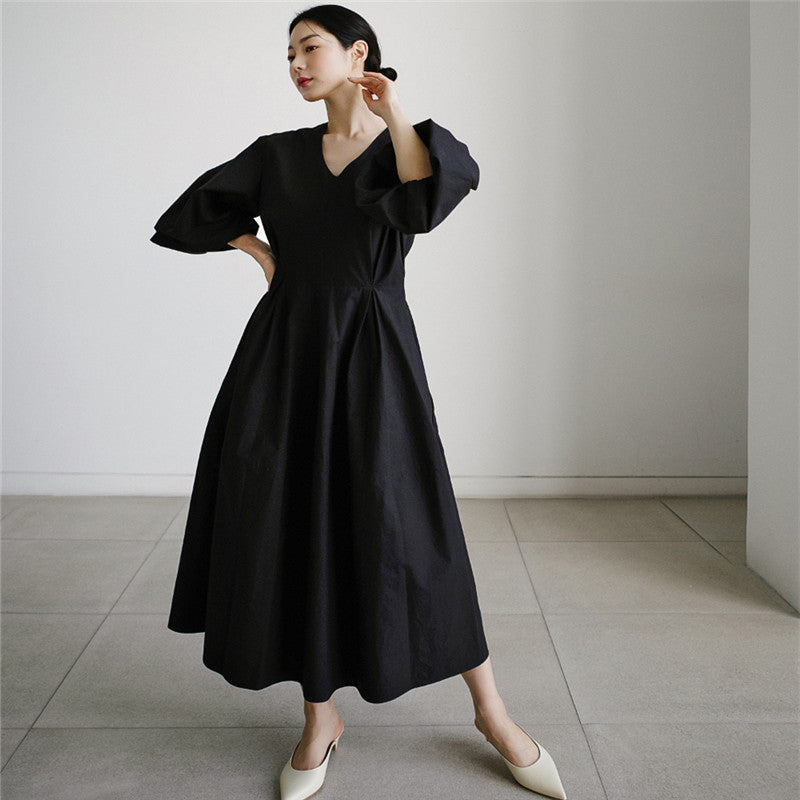 Damen Voluminöses Baumwollmix‑Maxikleid mit Ballonärmeln und gerafften Manschetten Drune
