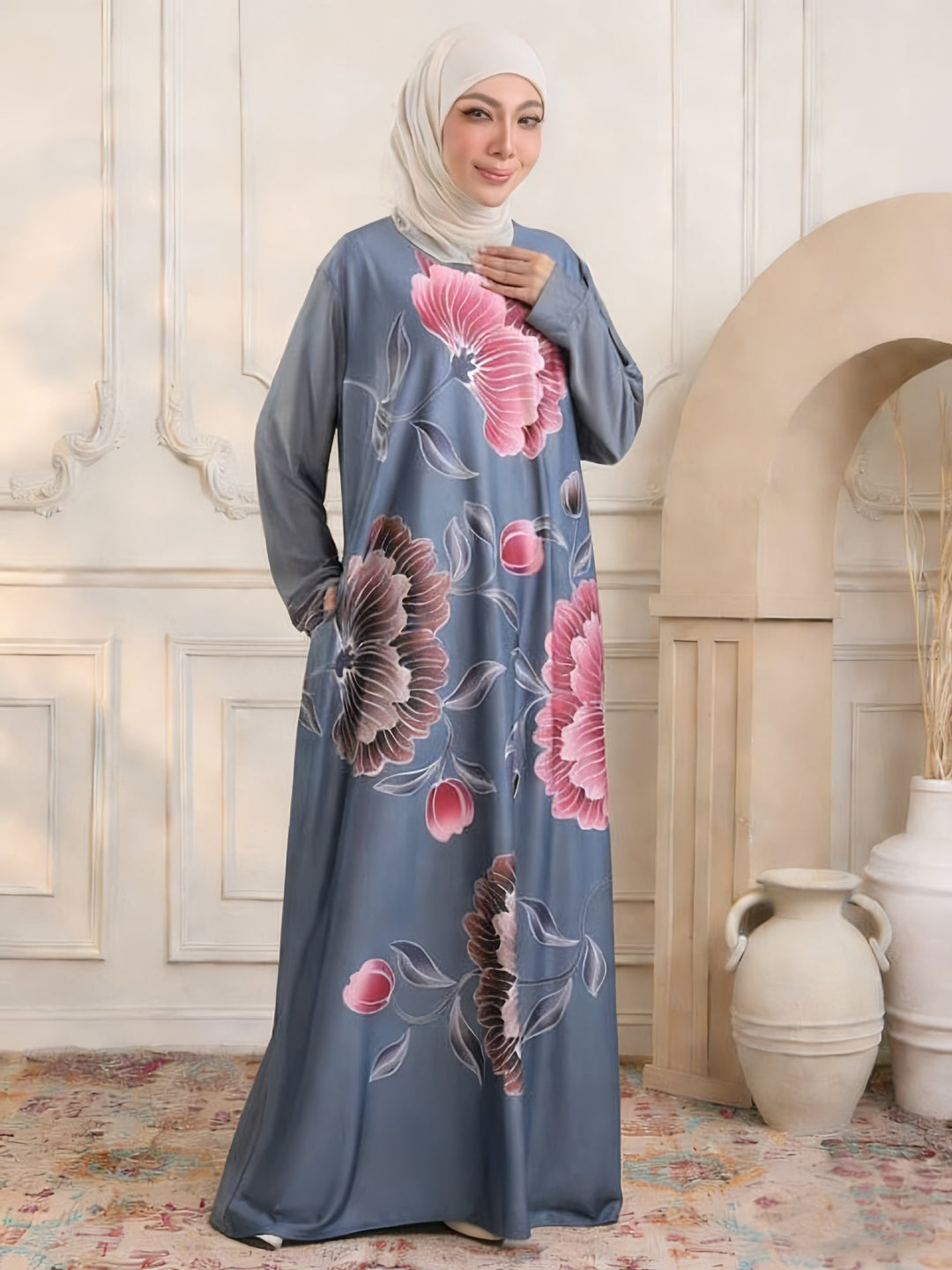 Damen Maxikleid im Kaftan-Stil mit handbemaltem Blumenprint Drune