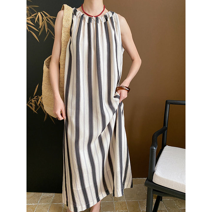 Damen lässiges Maxikleid mit vertikalen Streifen und praktischen Taschen Drune