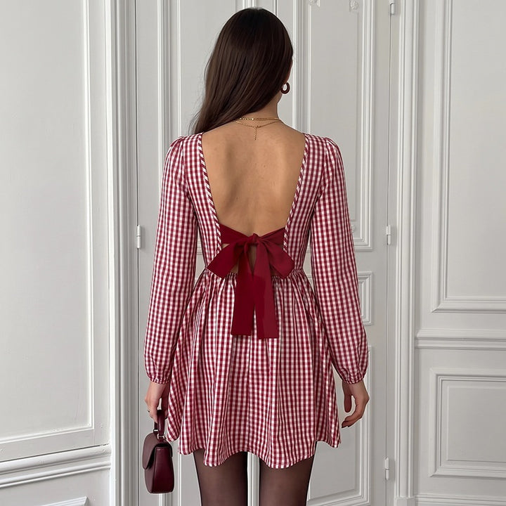 Damen V-Ausschnitt Mini Kleid mit Puffärmeln Drune