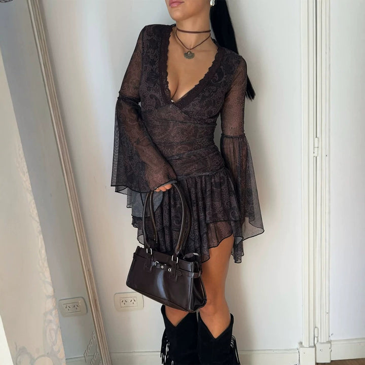 Damen Transparentes Spitzen-Minikleid mit tiefem V‑Ausschnitt, Rüschenrock & Glockenärmeln Drune