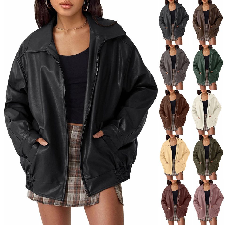 Damen lässige Kunstlederjacke mit weitem Schnitt und praktischen Taschen Drune