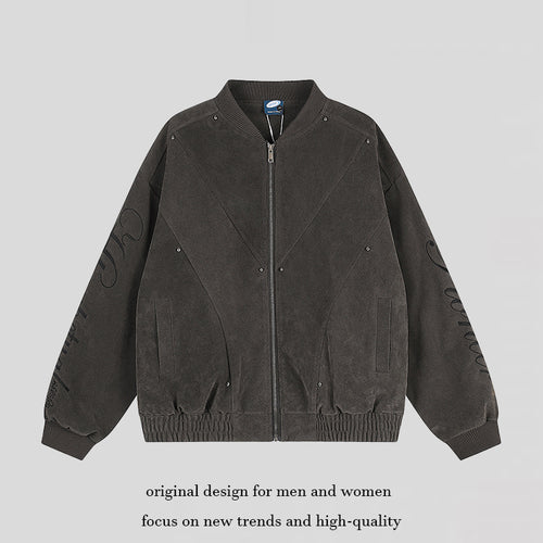 Damen Oversize-Bomberjacke im Velours-Look mit Script-Ärmeln und Metallnieten Drune