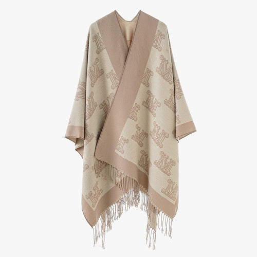 Damen Jacquard‑Monogramm‑Cape mit offenen Seiten und Fransen Drune