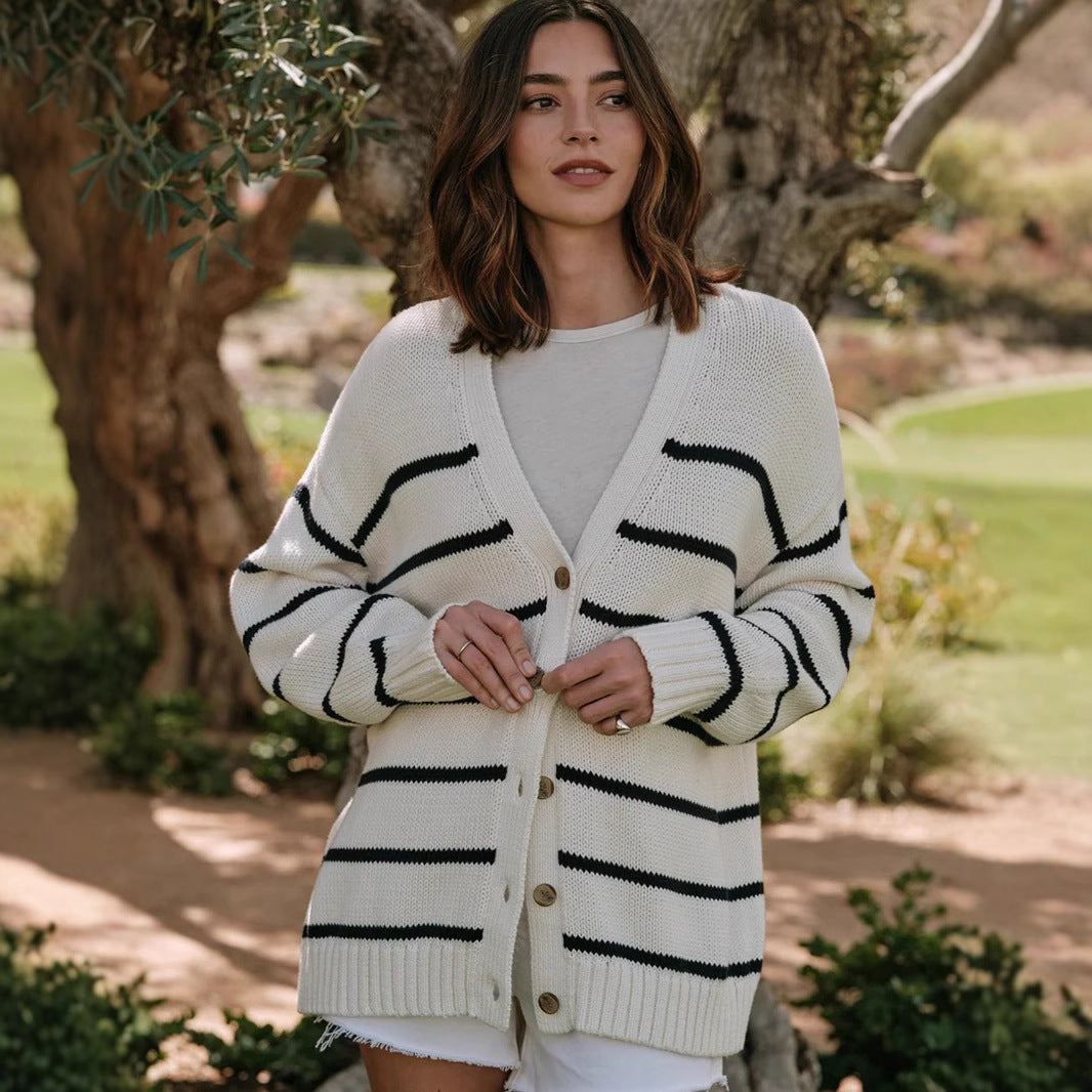Damen Strickcardigan mit V-Ausschnitt und groben Streifen Drune