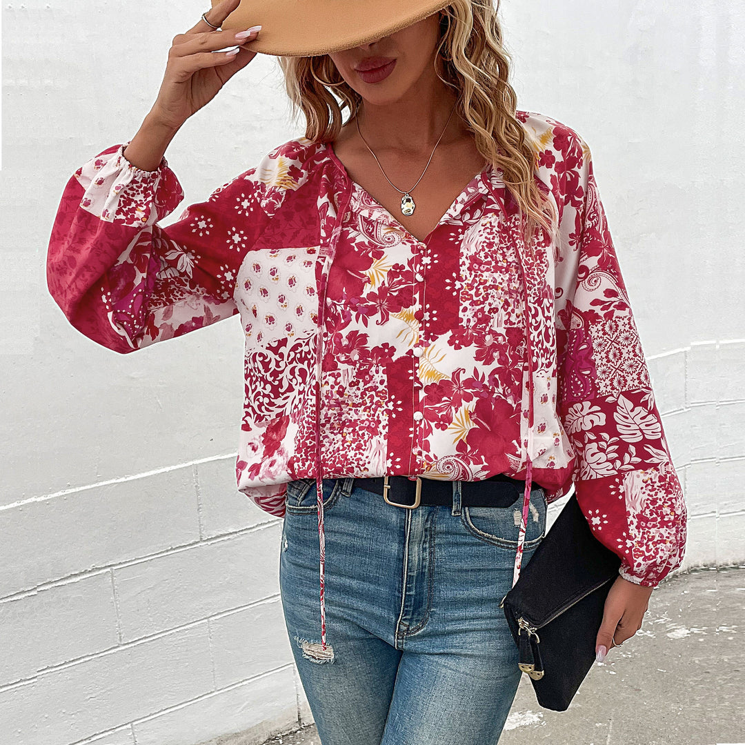 Damen Leichte Boho-Bluse mit Patchwork‑Print, Bindeschlitz und Ballonärmeln Drune
