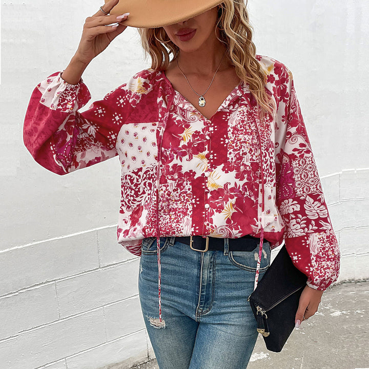 Damen Leichte Boho-Bluse mit Patchwork‑Print, Bindeschlitz und Ballonärmeln Drune