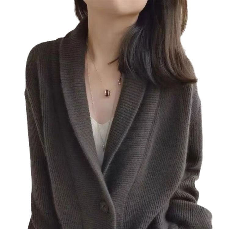 Damen Gemütlicher Strickcardigan mit breitem Revers und Taschen Drune