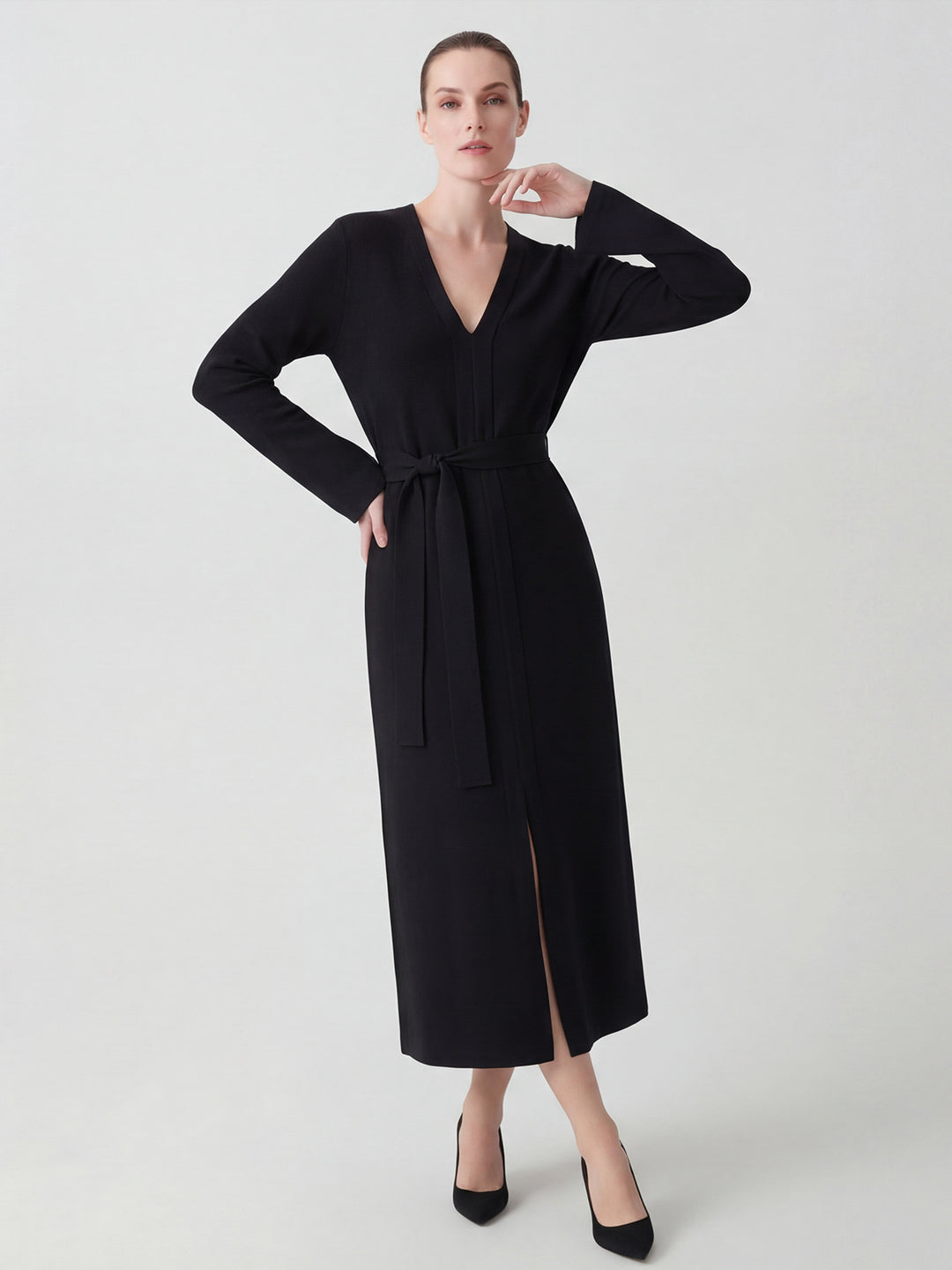Damen Elegantes V-Ausschnitt Langarm Midi Kleid Drune