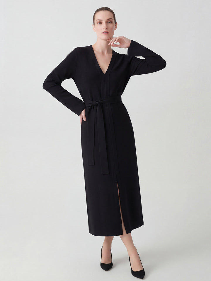 Damen Elegantes V-Ausschnitt Langarm Midi Kleid Drune