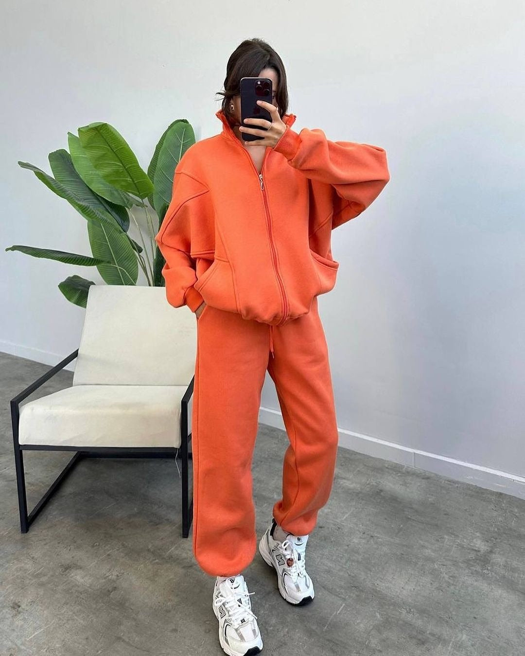 Damen Oversize Fleece-Set mit Reißverschlussjacke und weiten Jogginghosen Drune