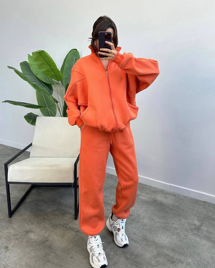 Damen Oversize Fleece-Set mit Reißverschlussjacke und weiten Jogginghosen Drune