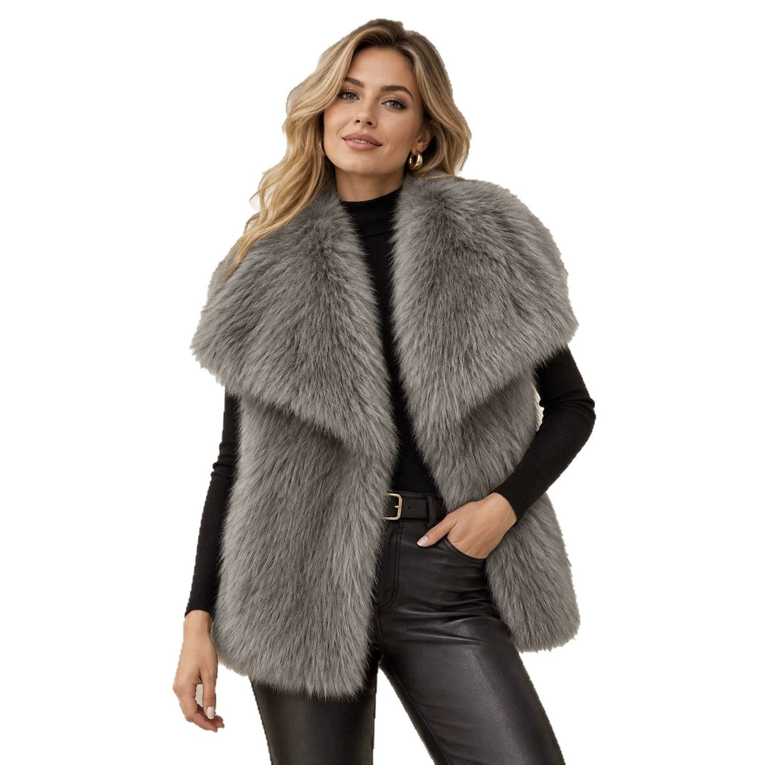 Damen Ärmellose Hochflor‑Kunstfellweste mit voluminösem Schalkragen und Eingrifftaschen Drune
