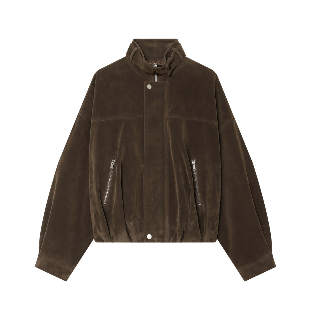 Damen nan kastiger Cropped Veloursleder-Blouson mit Stehkragen und diagonalem Reißverschlusstaschen-Detail Drune