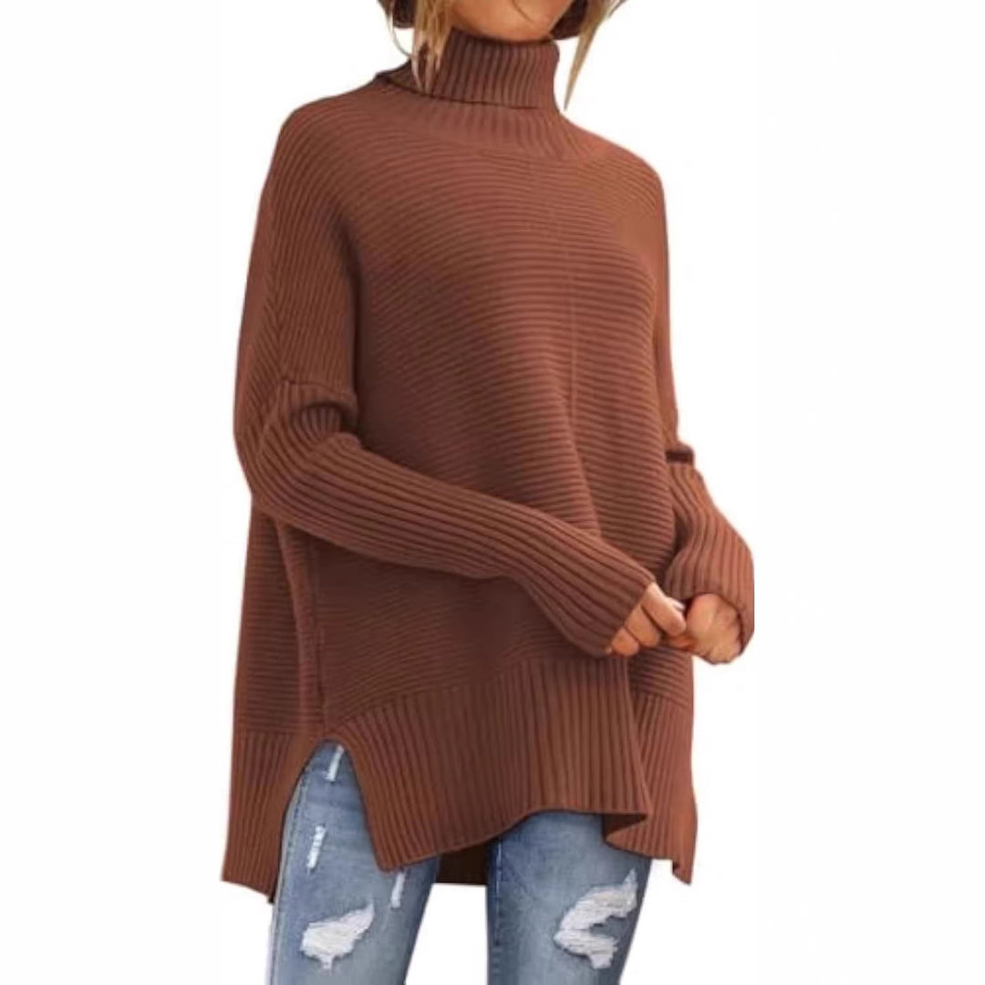 Damen Oversize-Rippenstrick Rollkragenpullover mit Seitenschlitzen und verlängertem Saum Drune