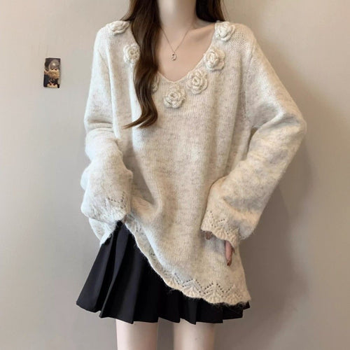 Damen Großer Strickpullover mit floralen Applikationen Drune