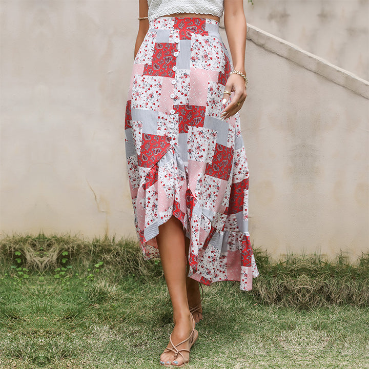 Damen Patchwork-Midirock mit Knopfleiste und asymmetrischem Volant Drune