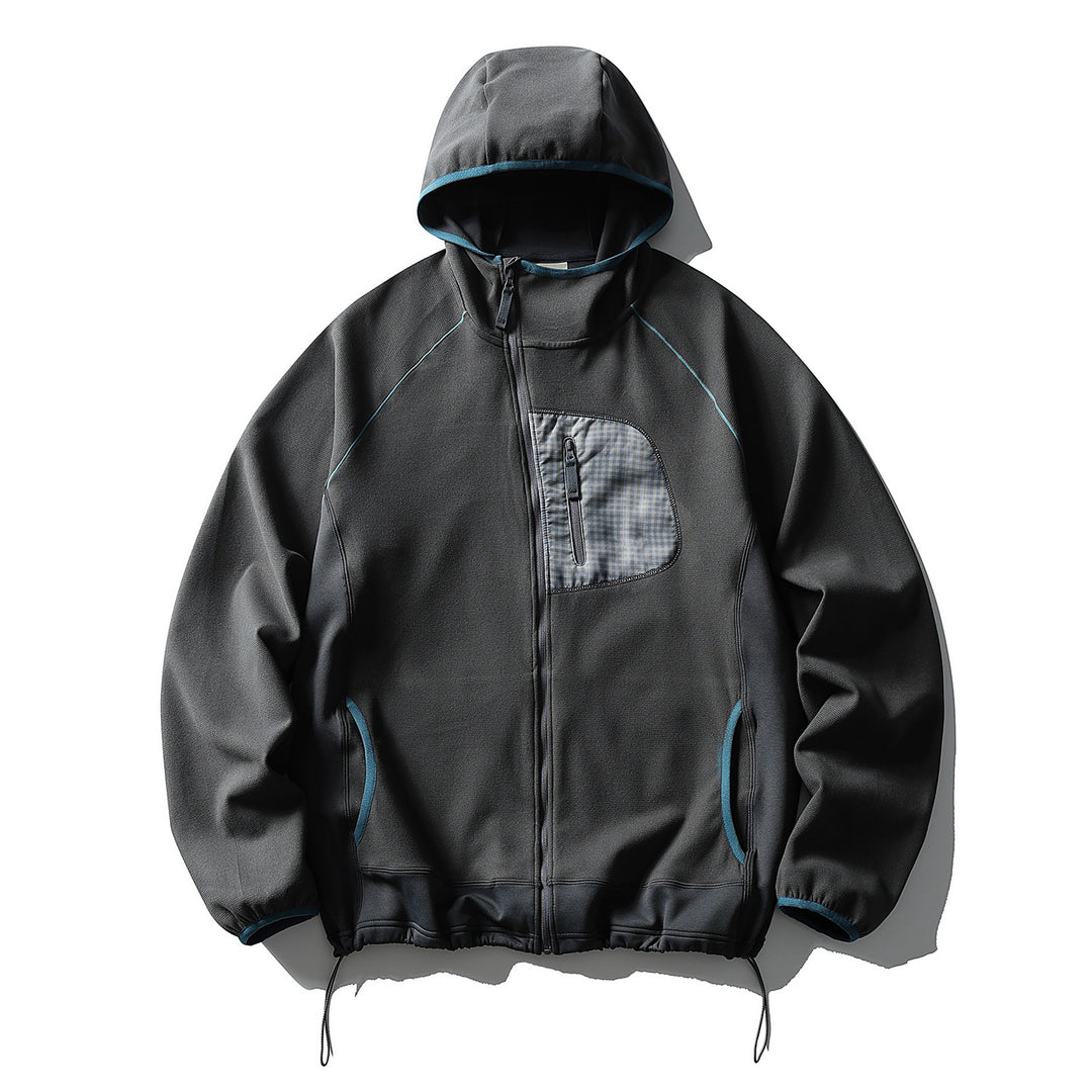 Unisex Leichte Tech-Fleece Kapuzenjacke mit Frontreißverschluss, Brust-Zip-Tasche und Kordelzugsaum Drune