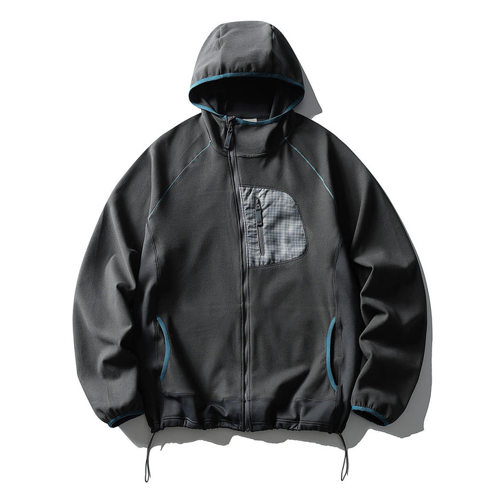 Unisex Leichte Tech-Fleece Kapuzenjacke mit Frontreißverschluss, Brust-Zip-Tasche und Kordelzugsaum Drune