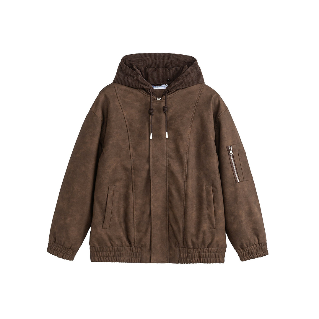 Unisex Boxy-wattierte Kapuzen‑Bomberjacke mit Veloursoptik, Cordkragen und Ärmel‑Zip Drune