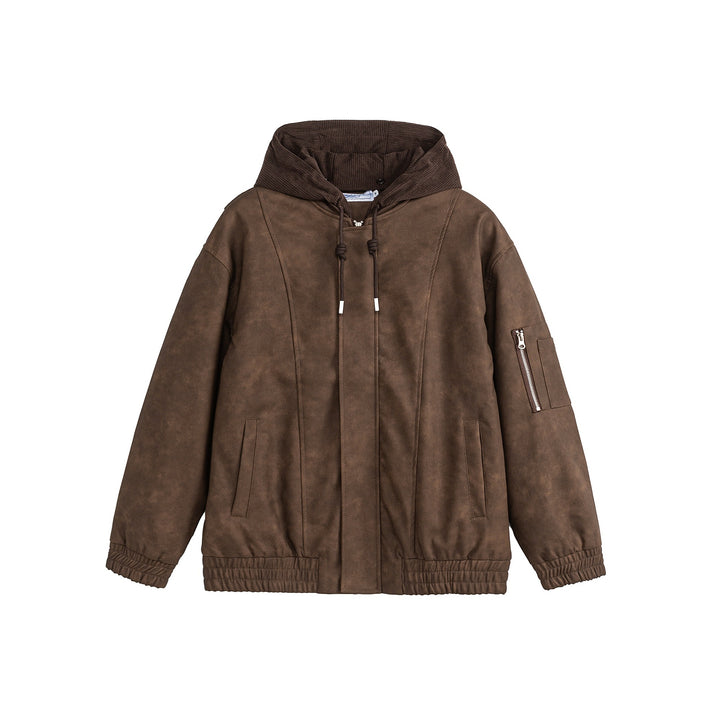 Unisex Boxy-wattierte Kapuzen‑Bomberjacke mit Veloursoptik, Cordkragen und Ärmel‑Zip Drune