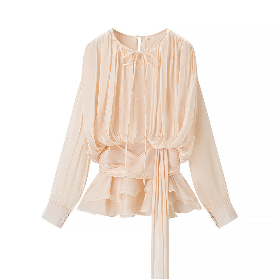 Damen Chiffon-Bluse mit drapierter Korsagen-Optik, Volant‑Peplum und Bindegürtel Drune