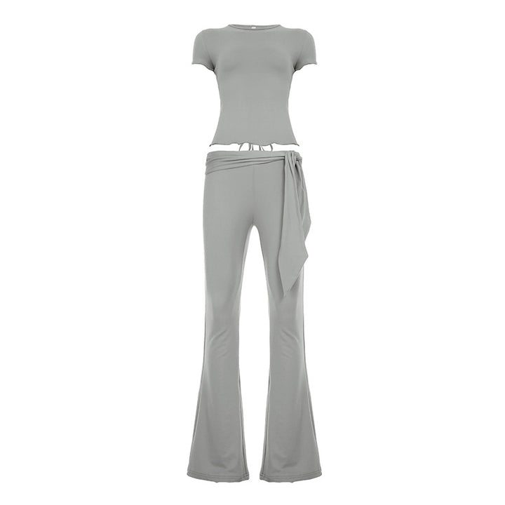 Damen lässiges Set aus Top und Schlaghose mit modischem Bindedetail Drune