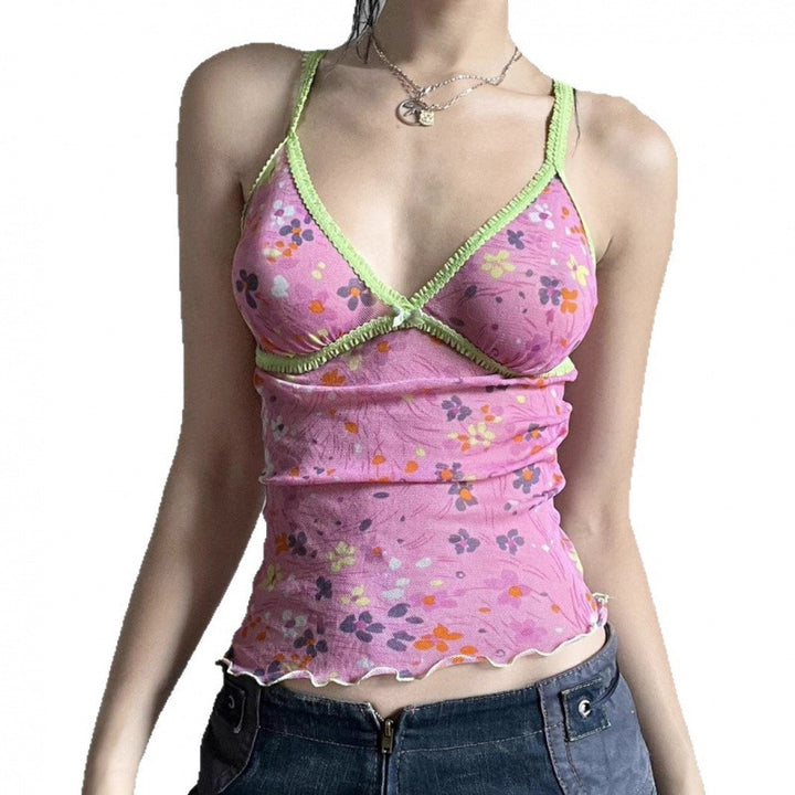 Damen gerafftes Spaghetti-Top mit floralem Muster und feinen Spitzenakzenten Drune