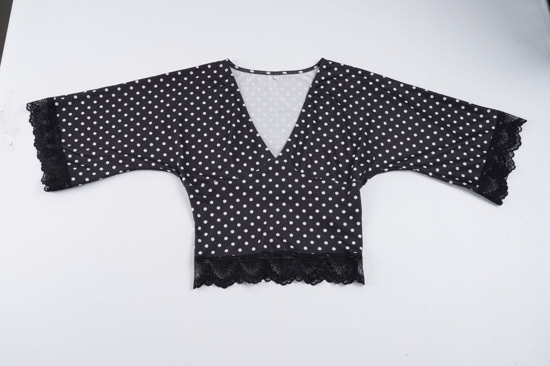 Damen Polka-Dot Blusenshirt mit Spitzenverzierung Drune